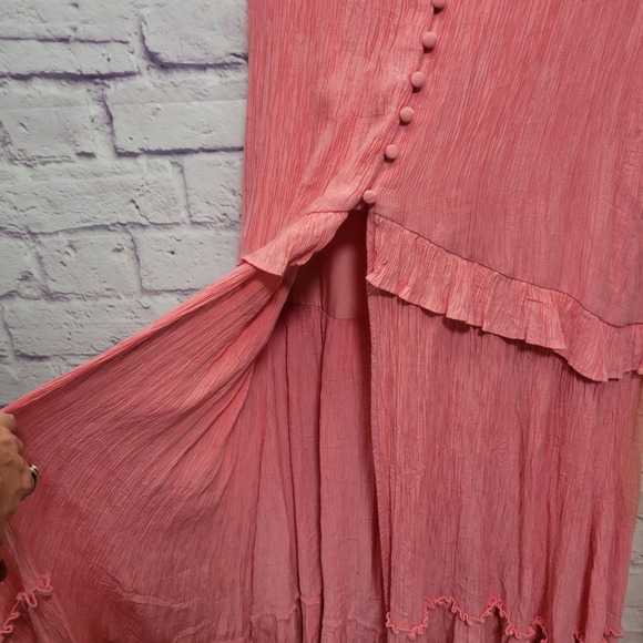 Luxxel Pink Front Slit Maxi Dress M CrissCross Spaghetti Straps Tiered Boho - Picture 9 of 9
